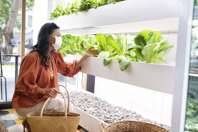 A woman checking her smart garden
