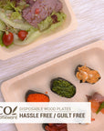 A bunch of food using eco homeware disposable wood plates