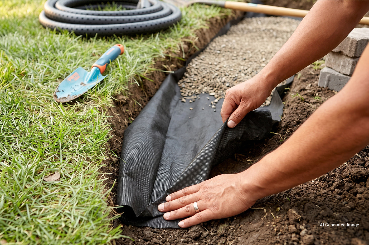 Man installing landscape fabric