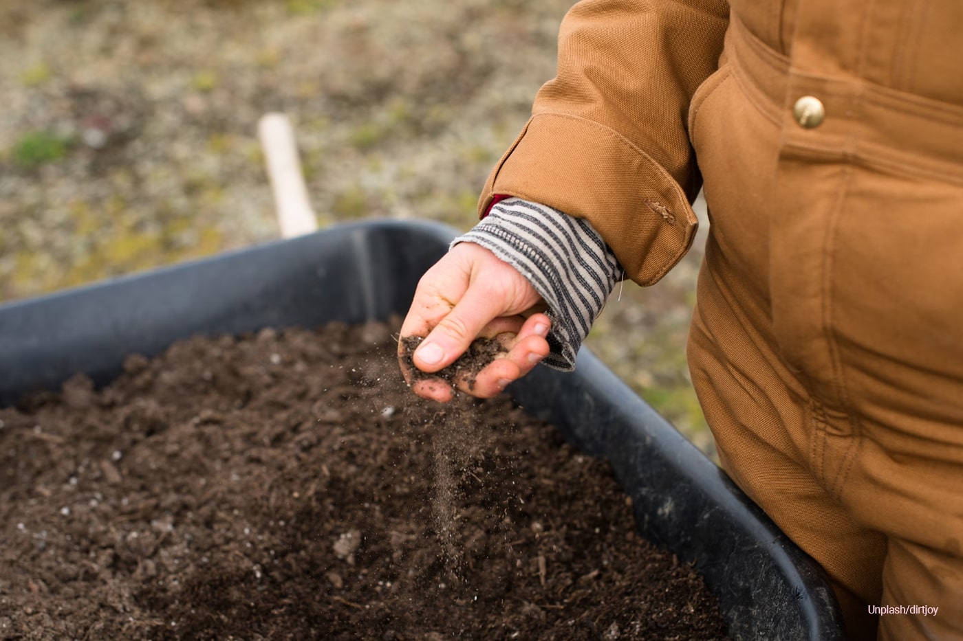 person in jacket holding soil