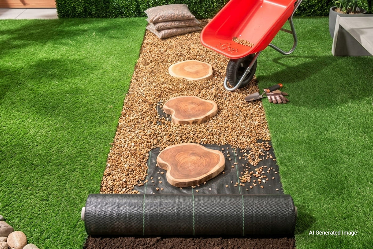 Landscape fabric with pebbles and wheelbarrow 