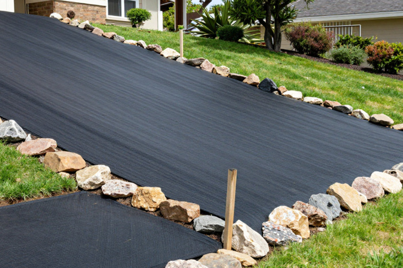 A sloping yard with a landscape fabric and rocks bordering the landscape fabric
