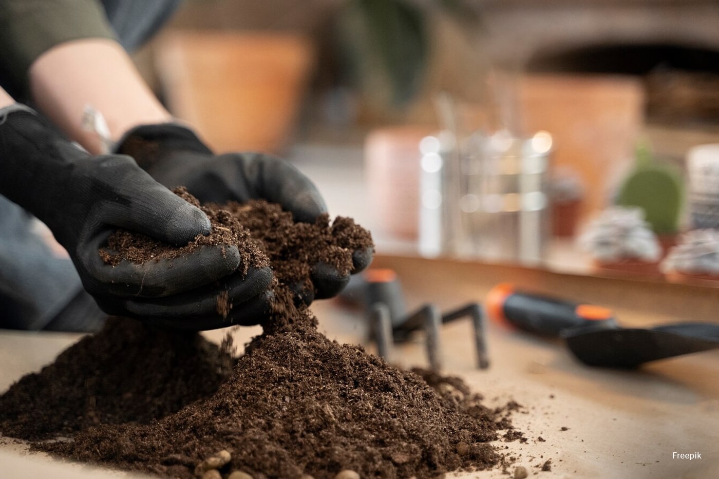 hands with gloves on touching the soil