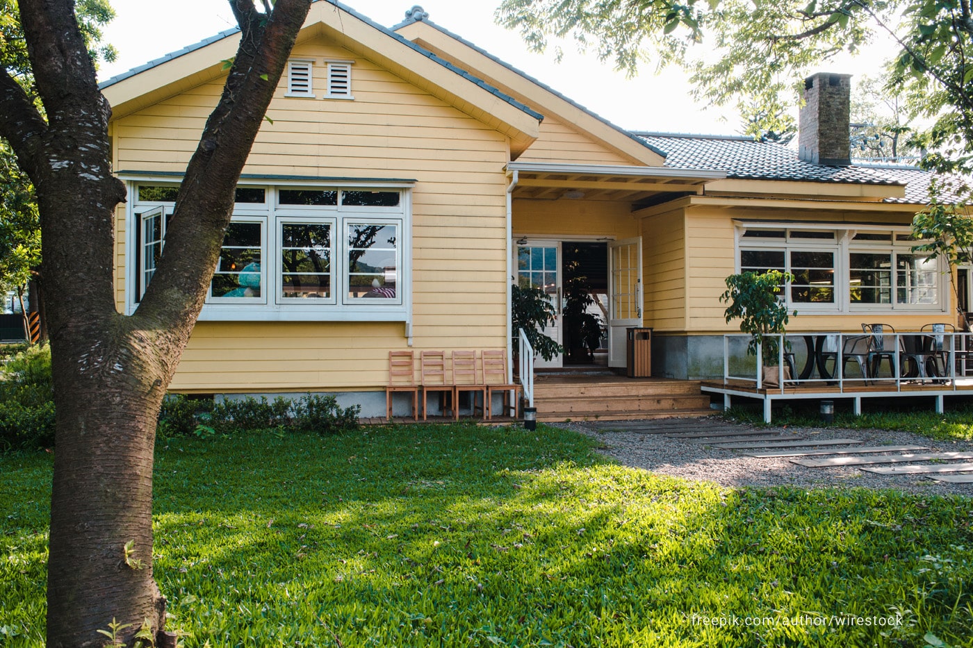 A modern house with lawn and trees