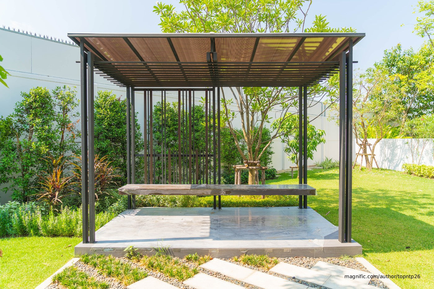 A pergola on the backyard