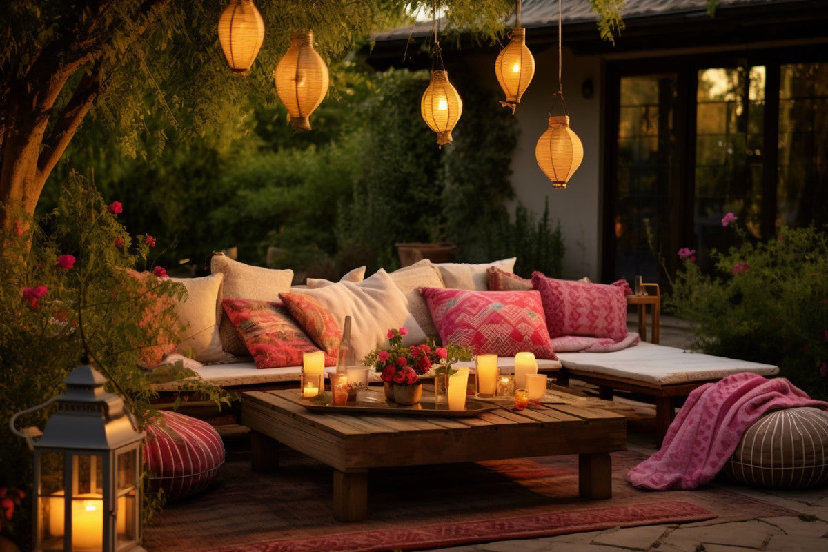 Outdoor patio lounge setup at dusk with a sectional sofa, pink and cream pillows, hanging lanterns, candles on a wooden coffee table, and a cozy blanket draped over a chair.