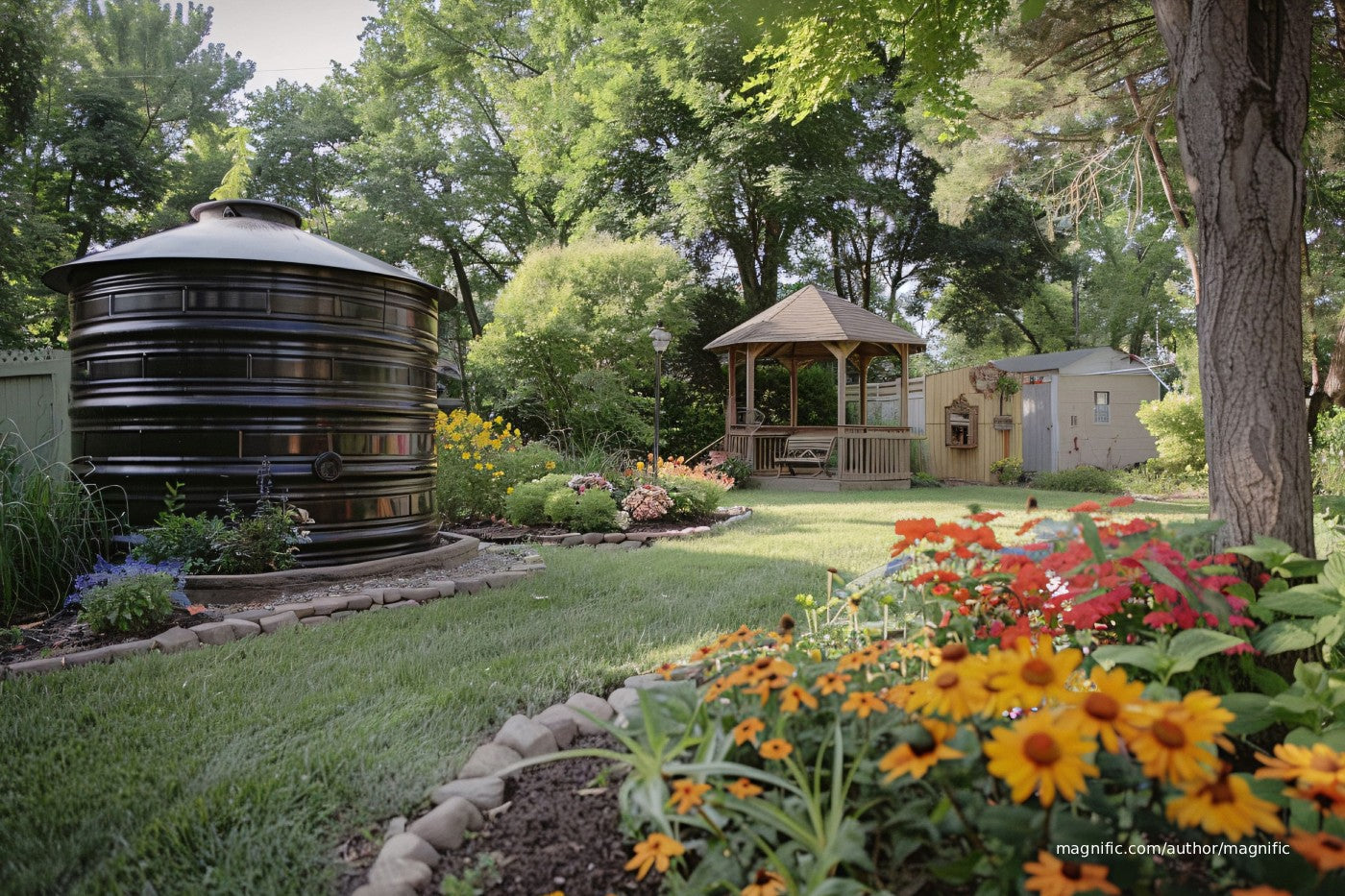 A backyard with water tank and flowers