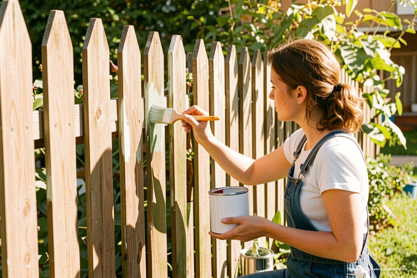 Woman painting a wooden fence with a paintbrush and can in a garden setting.