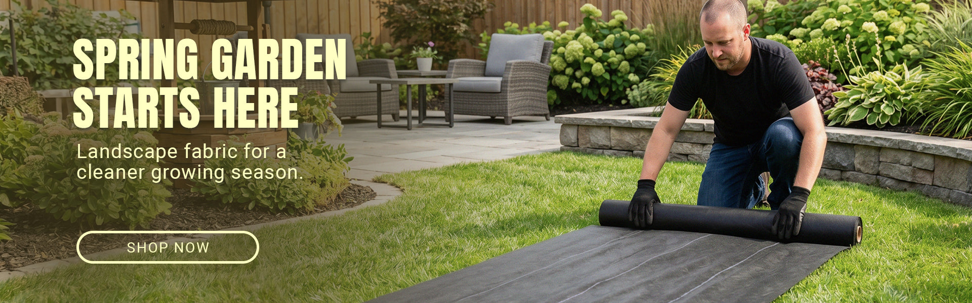 Landscape fabric laying at the backyard patio garden
