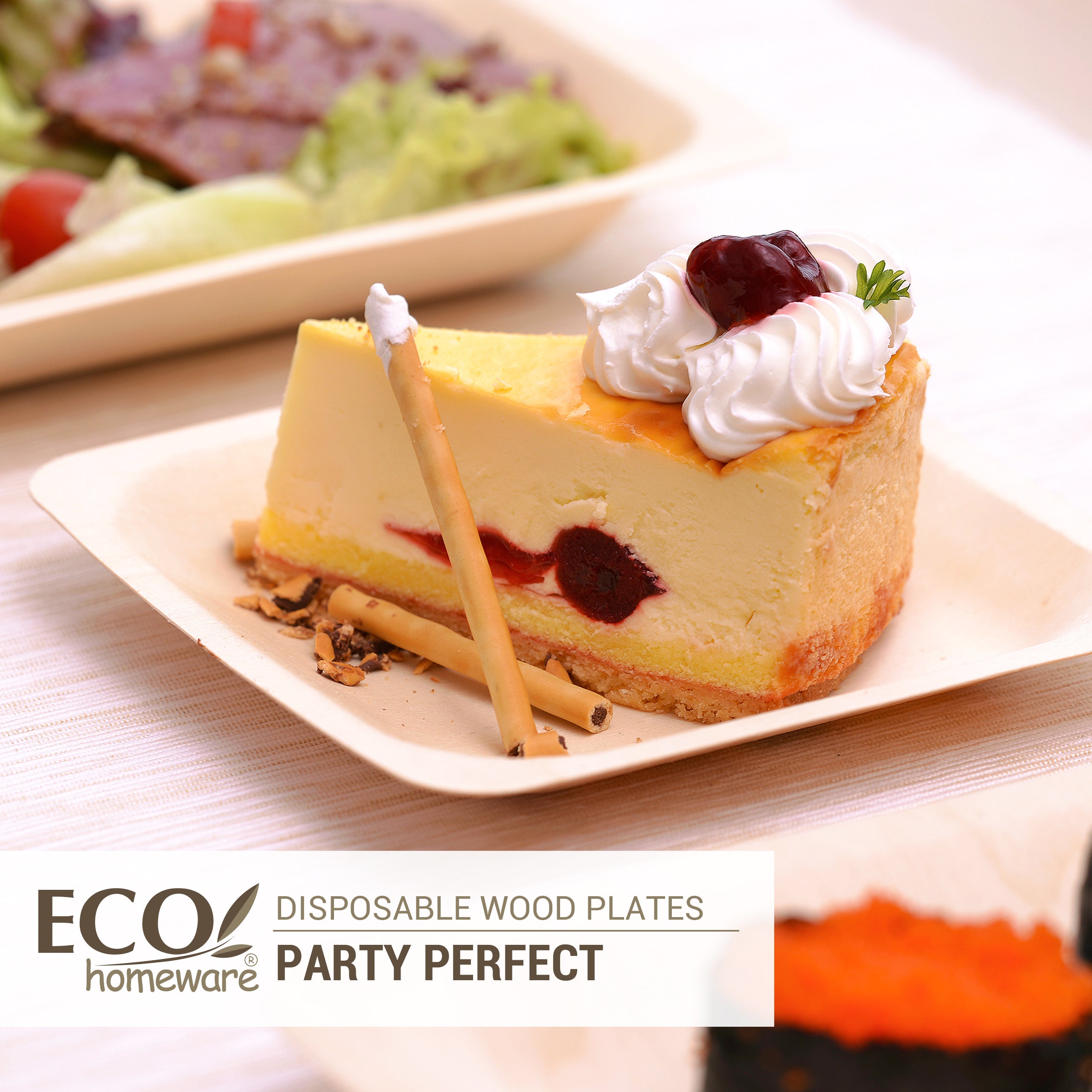 A slice of cake using eco homeware disposable wood plates