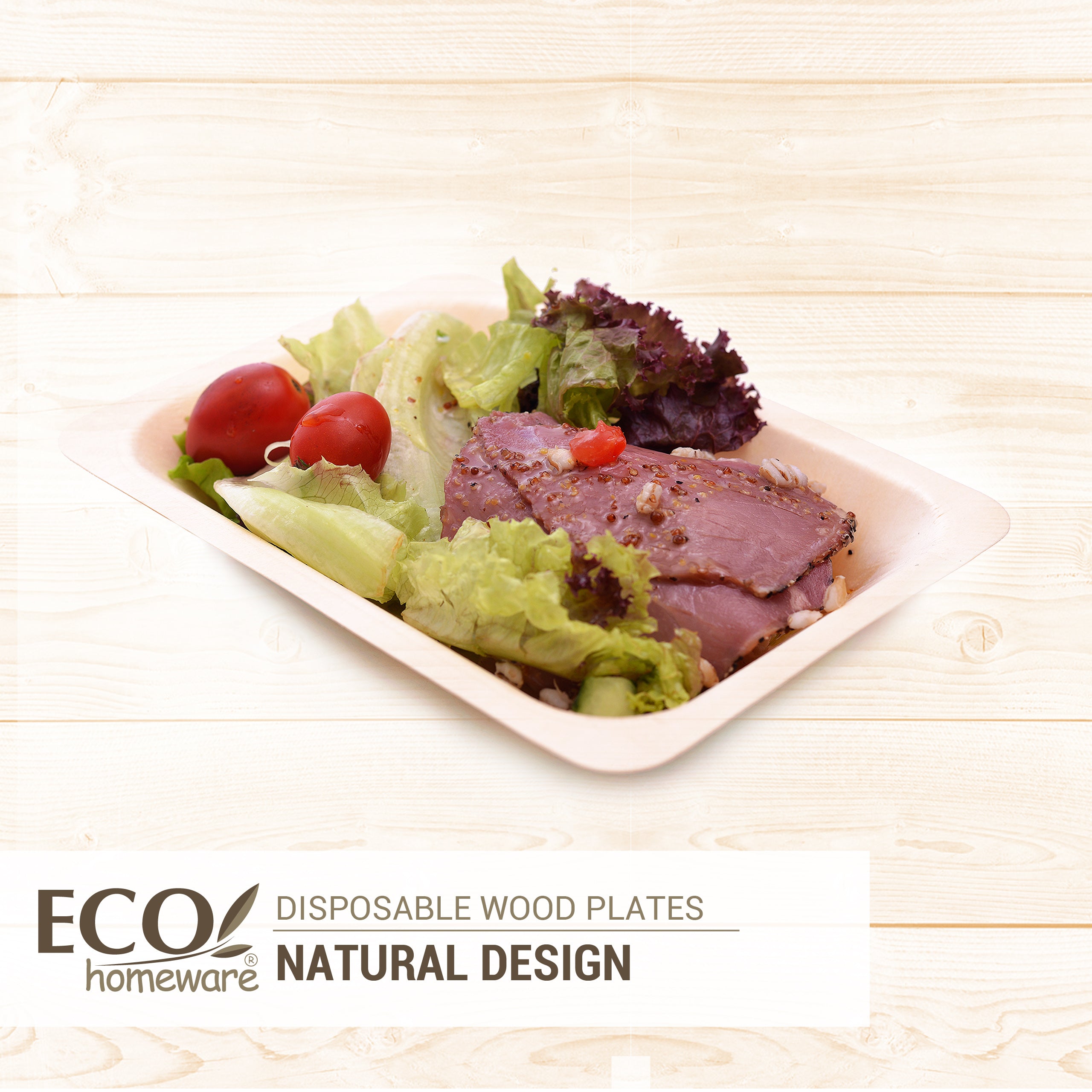 Salad with ham using eco homeware disposable wood plates