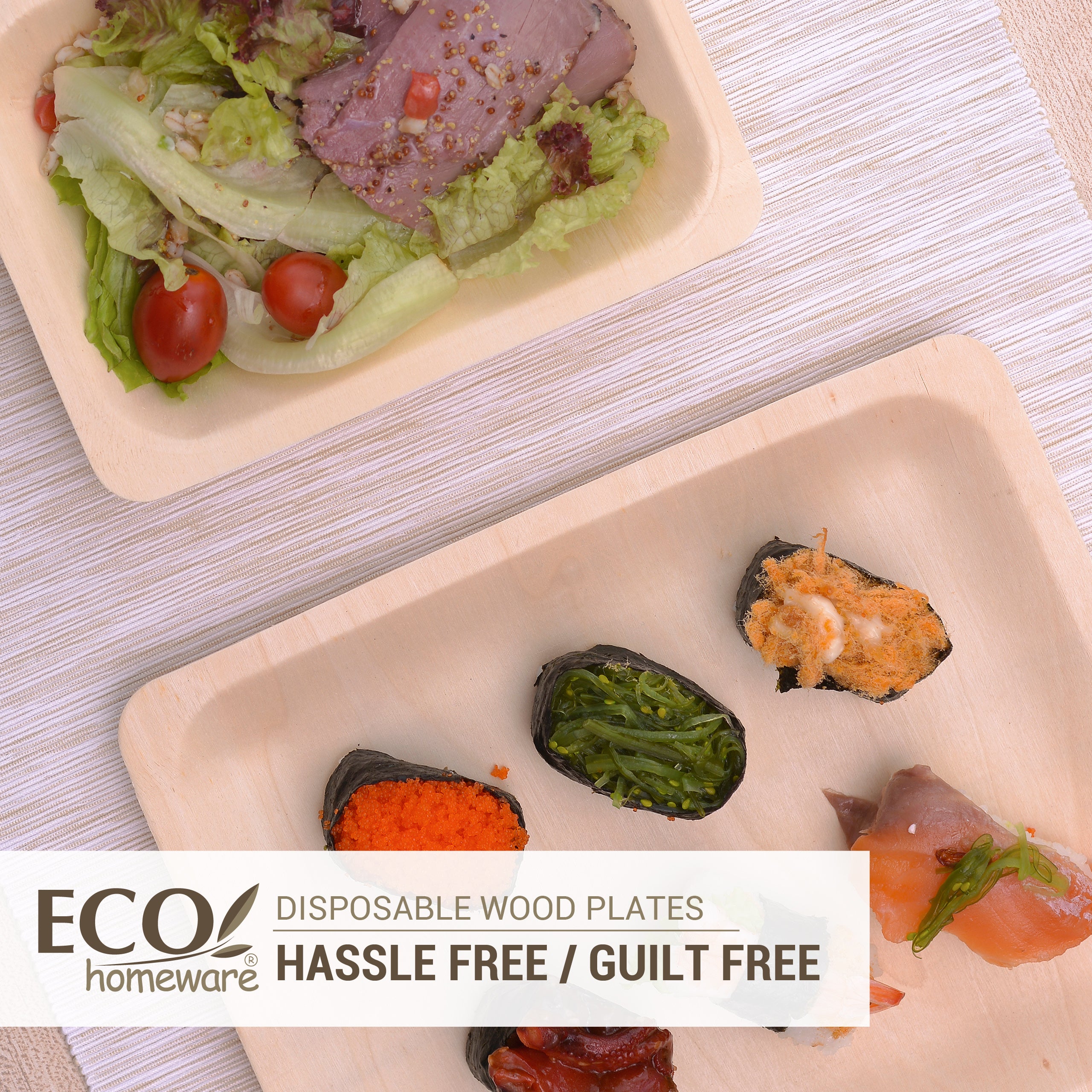 A bunch of food using eco homeware disposable wood plates