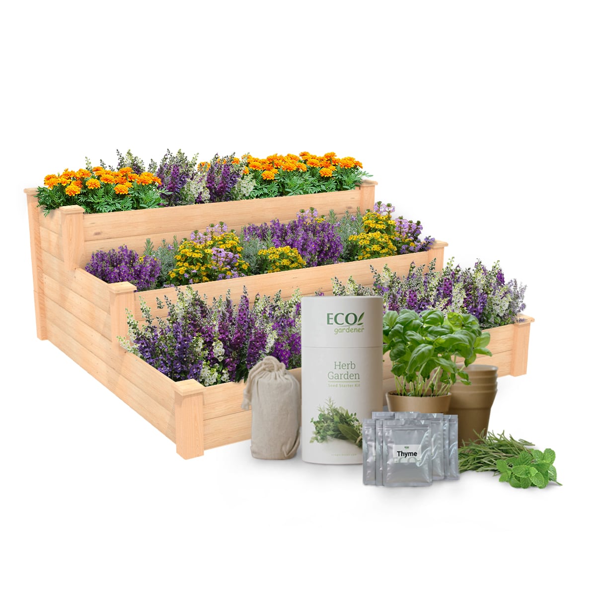 ECOgardener 4’x4’ Raised Bed Planter + Herb Garden Starter Kit Bundle